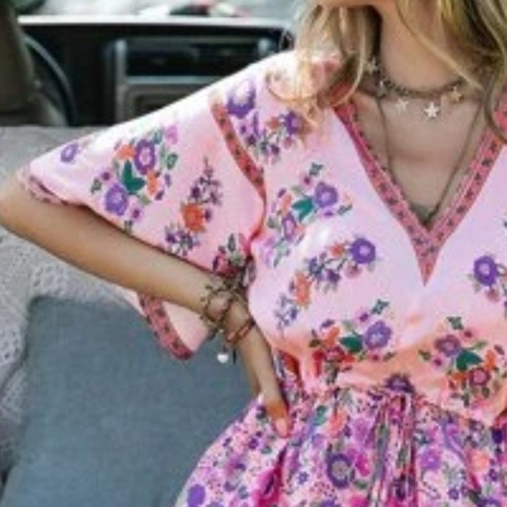Floral Trumpet Sleeve Split Thigh Drawstring Waist Maxi Dress - Picture 9 of 9